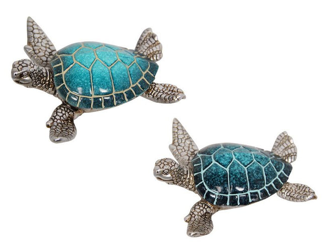 Vibrant blue resin turtle ornament with silver accents, elegantly crafted at 12.5cm for coastal home decor.