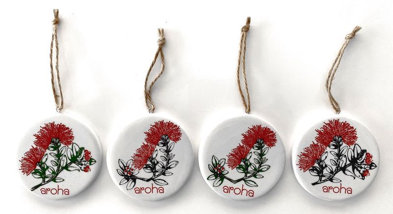 Vibrant 10cm Aroha/Pohutukawa hanging ornaments, set of 12, perfect for festive decor and celebrating New Zealand's beauty.