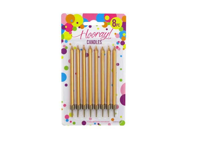 Elegant metallic gold candles, 10cm tall, perfect for enhancing any celebration cake with sophistication – 8-pack.
