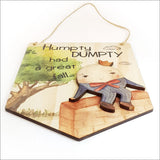 Whimsical Humpty Dumpty wall art on eco-friendly pine veneer, perfect for children's rooms and ready to hang.