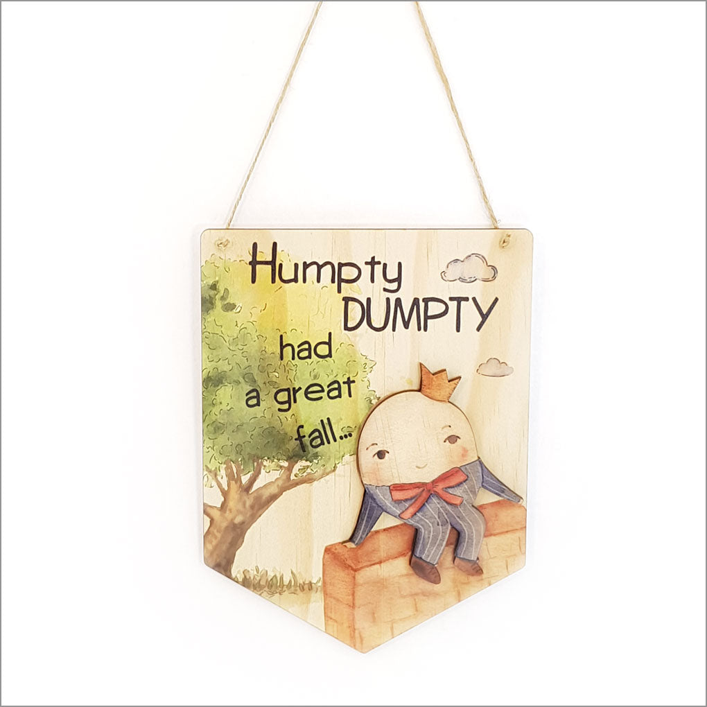 Whimsical Humpty Dumpty wall art on eco-friendly pine veneer, ready to hang; perfect for children's rooms and playful decor.