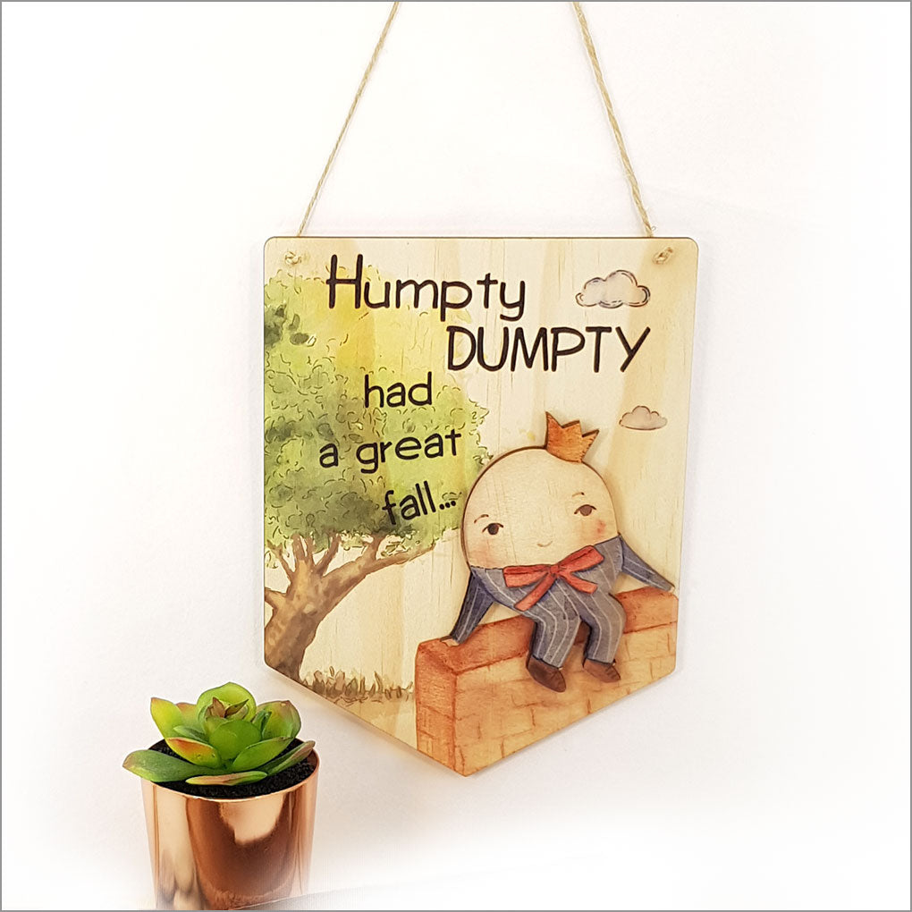 Whimsical Humpty Dumpty wall art on eco-friendly pine veneer, perfect for nurseries and children's rooms.