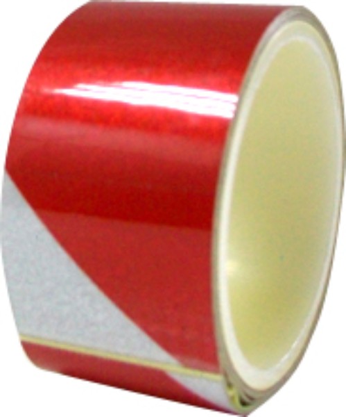 Bright red and white reflective pinstripe tape (25mm x 1m) for enhanced visibility on vehicles and outdoor gear.