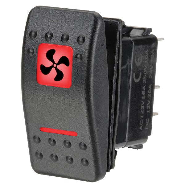 Red illuminated sealed rocker switch with SPST design, ideal for 12/24V applications, featuring push-fit terminals and symbol.