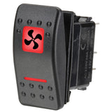 Red illuminated sealed rocker switch with SPST design, ideal for 12/24V applications, featuring push-fit terminals and symbol.