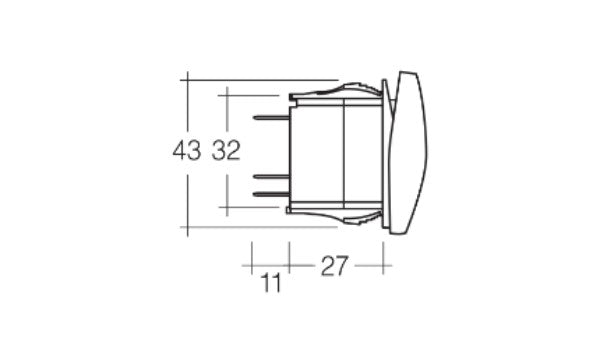 Red LED illuminated rocker switch with SPST design and push-fit terminals for 12/24V applications, marked with symbols.