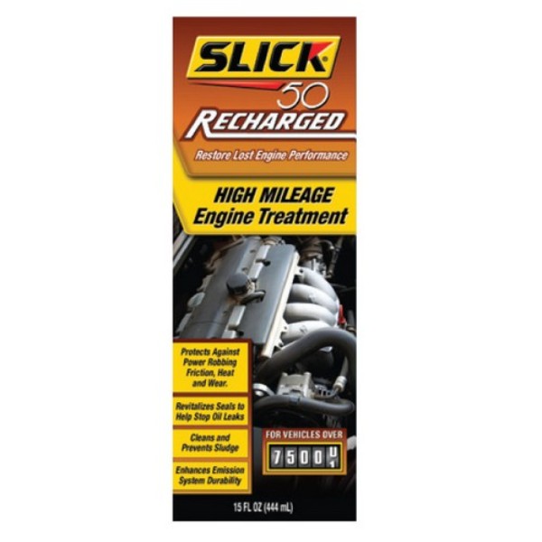 Recharged High Mileage Engine Treatment bottle for optimizing and protecting high-mileage vehicles, preventing leaks and sludge.