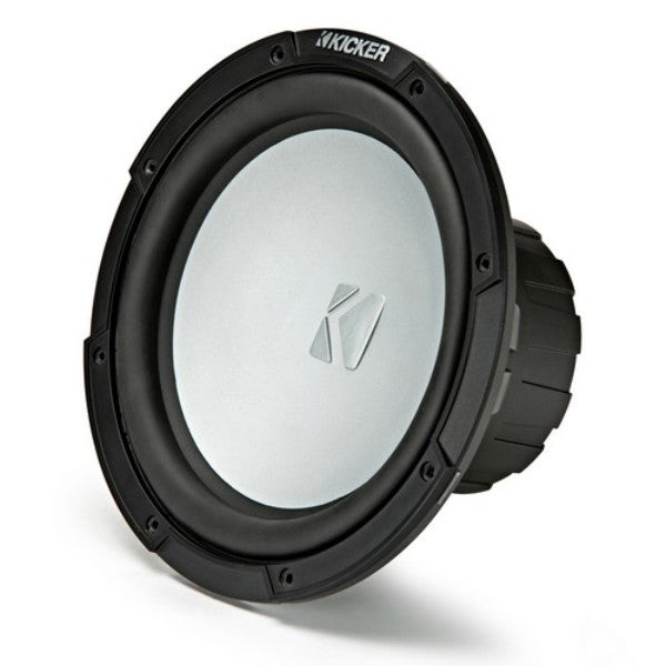 10-inch KICKER marine subwoofer designed for weather resistance, delivering 500 watts of deep bass for boat audio systems.