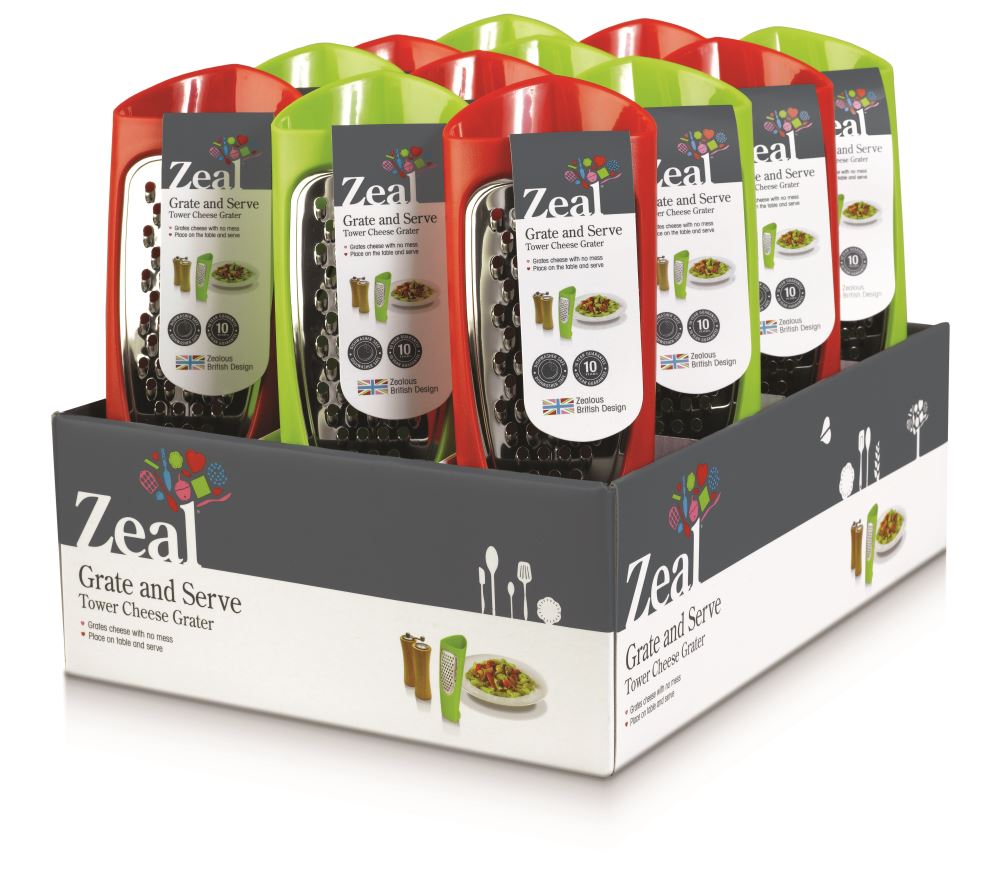 Compact Zeal Tower Grater in red or green, designed for mess-free cheese grating and easy serving.