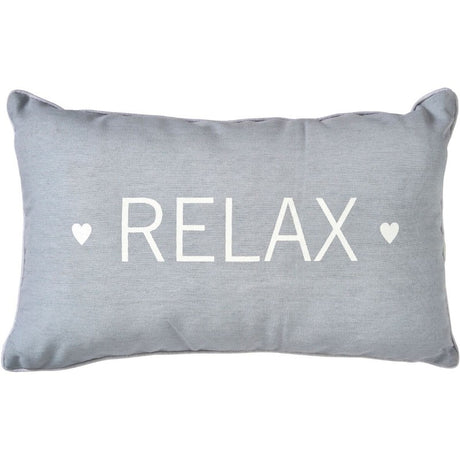 Grey rectangle cushion cover with 'Relax' in white font, perfect for enhancing comfort and style in any living space.