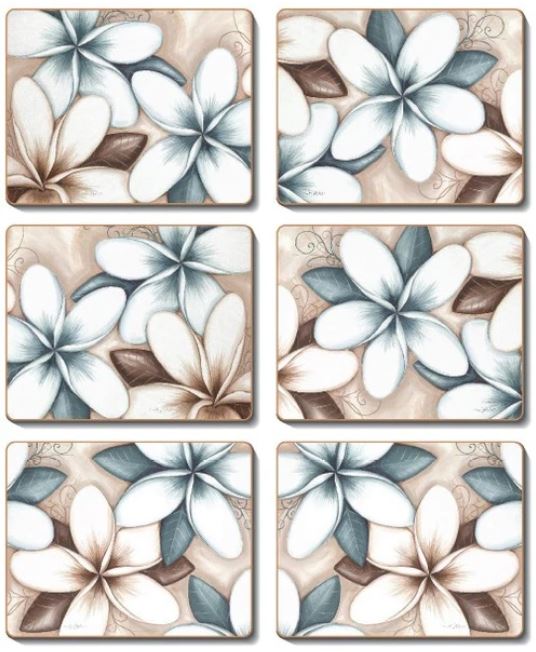 Set of 6 Ocean Frangipani placemats, 34x27.5 cm, vibrant coastal design with cork backing for heat and spill protection.