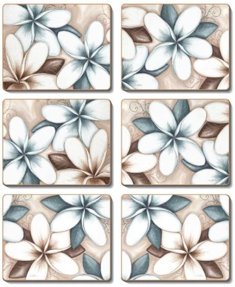 Set of 6 Ocean Frangipani placemats, 34x27.5 cm, vibrant coastal design with cork backing for heat and spill protection.