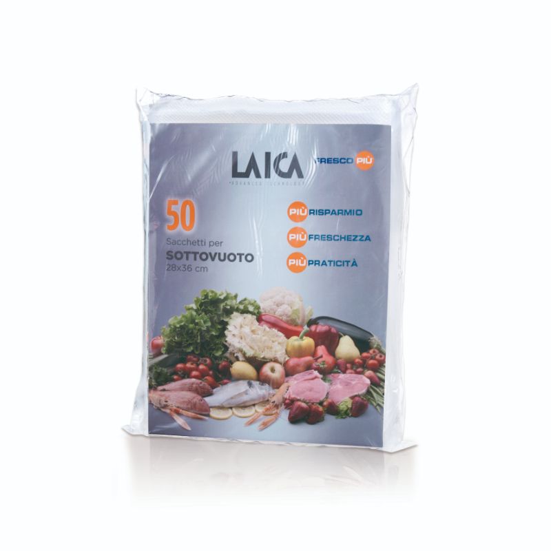 High-quality LAICA vacuum bags pack of 50 (28x36 cm) for preserving food freshness, compatible with all vacuum sealers.