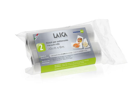 LAICA vacuum bag rolls (20CM x 6M) for efficient food storage, sous vide cooking, and preventing freezer burn.