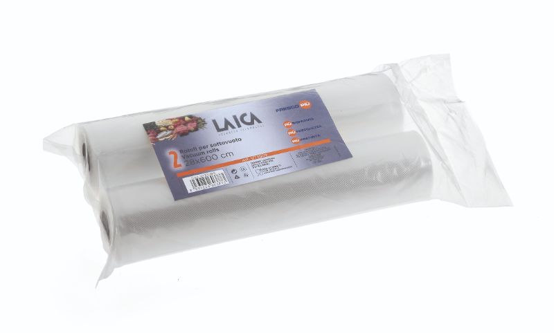 Two LAICA vacuum bag rolls (28CM x 6M) for efficient food preservation, sealing freshness and reducing waste in the kitchen.