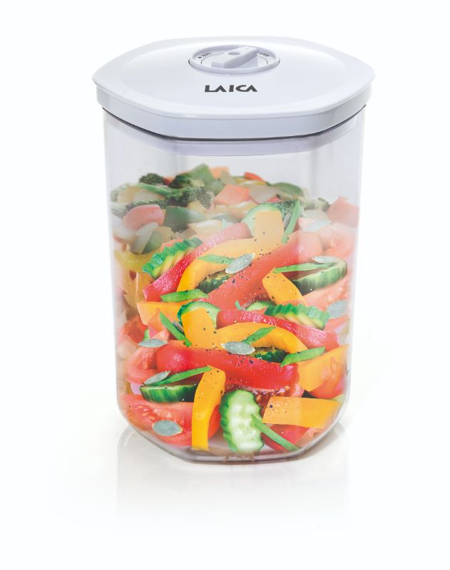 Vacuum-sealed LAICA 2lt container for fresh food storage, ideal for home organization and meal prep. Stylish and durable design.