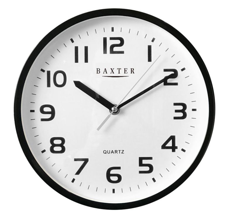 Elegant black 25cm wall clock with Arabic numerals, perfect for adding a modern touch to any room.