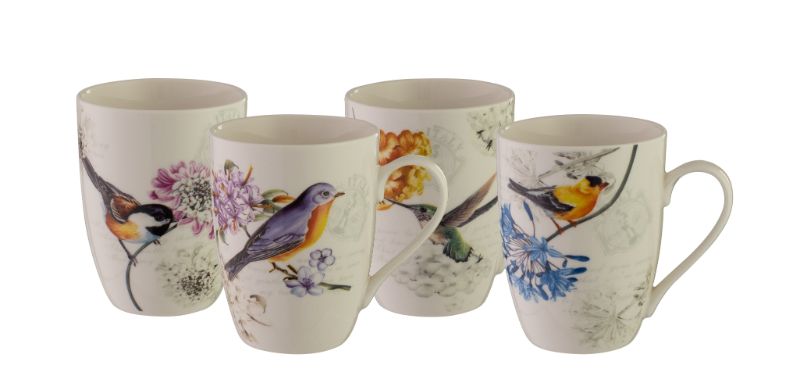 Set of 4 Bundanoon coupe mugs featuring the elegant Birdsong design, perfect for tea and coffee lovers.