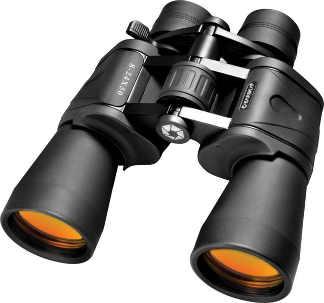 High-powered Barska 8-24x50 Gladiator Zoom binoculars with 50mm lens for bright, clear images in low light, ideal for outdoor adventures.