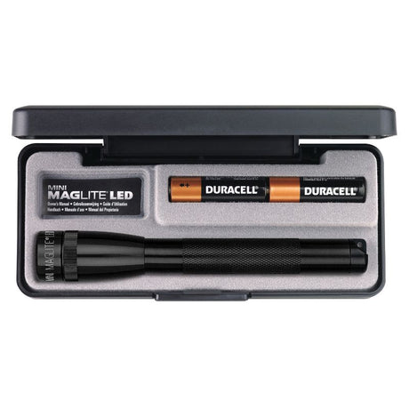 MAGLITE 2AA LED flashlight in a presentation box, featuring durable aluminum, adjustable beam, and sleek design.