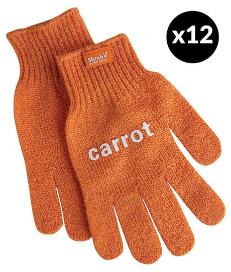 Colorful, ergonomic carrot gloves for effective cleaning; pack of 12 ideal for kitchen and bathroom tasks.