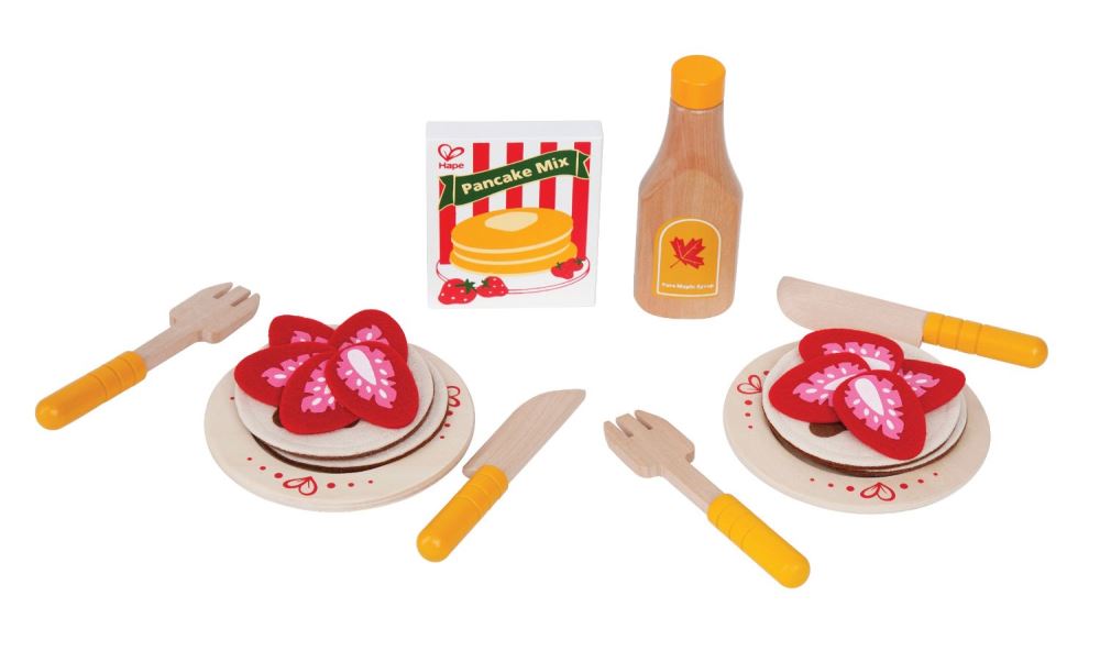 Colorful wooden pancake set with felt pancakes, strawberries, plates, utensils, and syrup for imaginative play and role-playing fun.