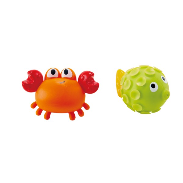 Vibrant crab and fish bath toys that spray water, perfect for toddlers' sensory play and fine motor skill development.