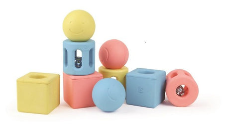 Softly-colored geometric rattles designed for infants, promoting sensory exploration and fine motor skills development.