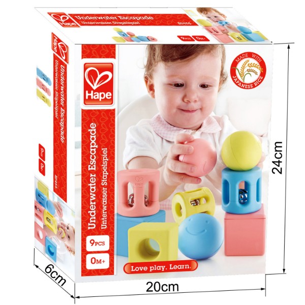 Softly-colored geometric baby rattles by Hape, designed for grasping, shaking, and sensory exploration. Eco-friendly materials.