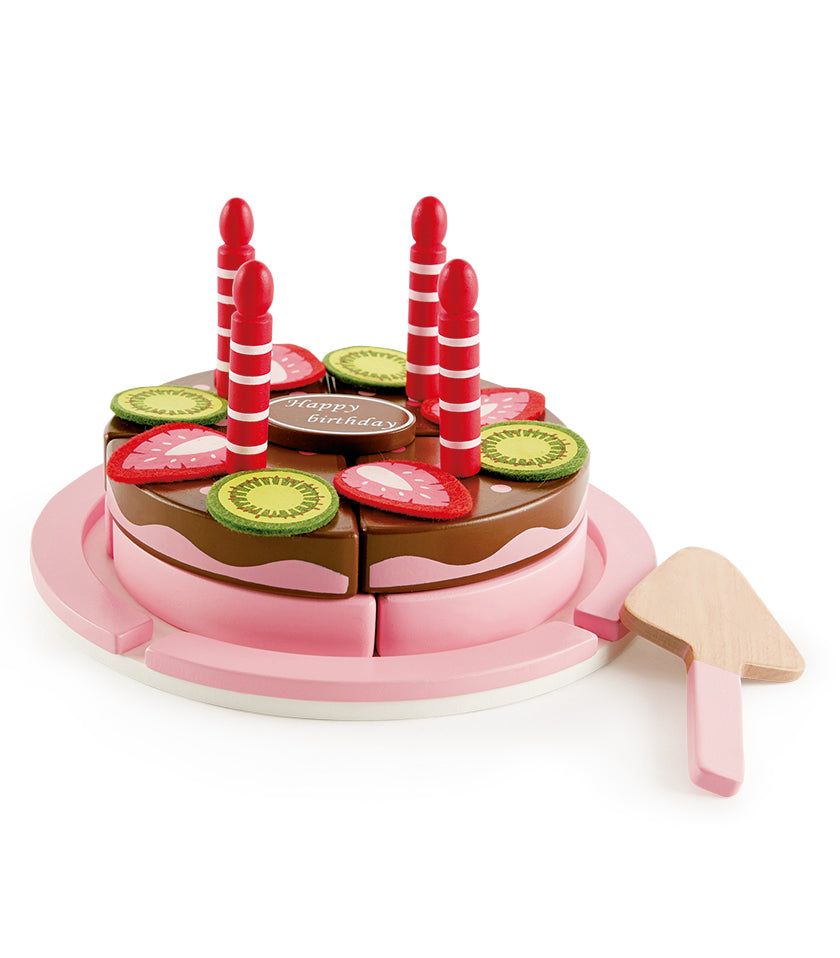 Colorful Hape Double Flavored Birthday Cake toy, featuring strawberry and chocolate slices, candles, and a birthday card for imaginative play.