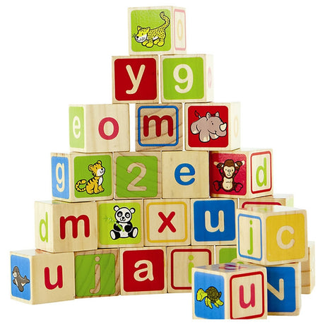 Colorful wooden ABC blocks featuring letters, numbers, and symbols, perfect for imaginative learning and skill development for toddlers.