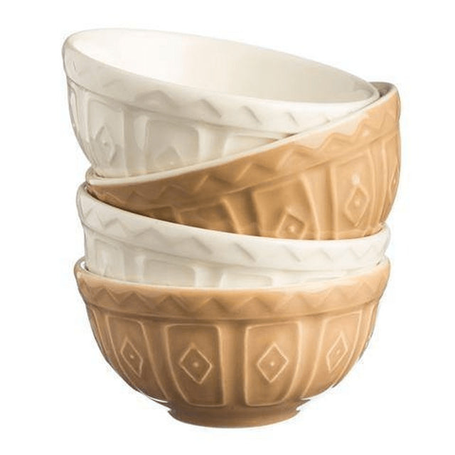 Set of 4 chip-resistant earthenware bowls in white and brown, perfect for measuring, mixing, and storing ingredients.