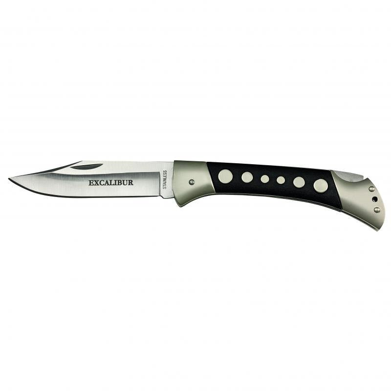 Excalibur Black Disk Large knife with stainless steel blade, ergonomic grip, and lockable mechanism for outdoor and home use.