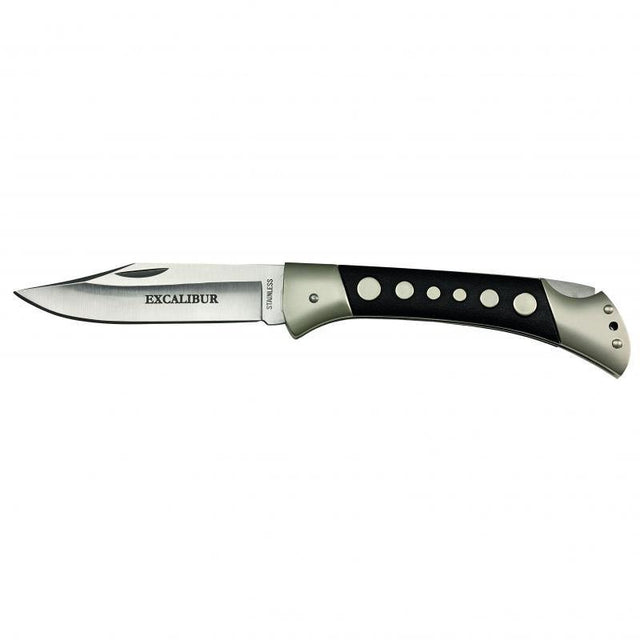 Excalibur Black Disk Large knife with stainless steel blade, ergonomic grip, and lockable mechanism for outdoor and home use.
