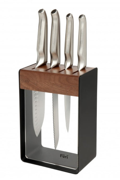 Furi Pro Limited Edition Black Knife Block Set: 5 premium knives in a sleek stainless steel block for effortless cooking.