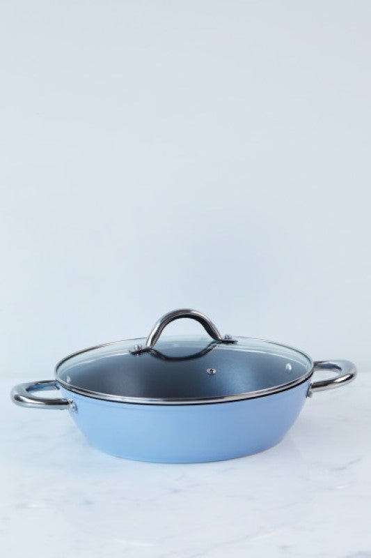 Wiltshire Easycook Blue 28cm non-stick casserole with tempered glass lid, ideal for effortless cooking and even heating.