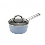 Easycook Blue 16cm saucepan with glass lid, non-stick coating, forged aluminum body for even heating, and dishwasher safe.