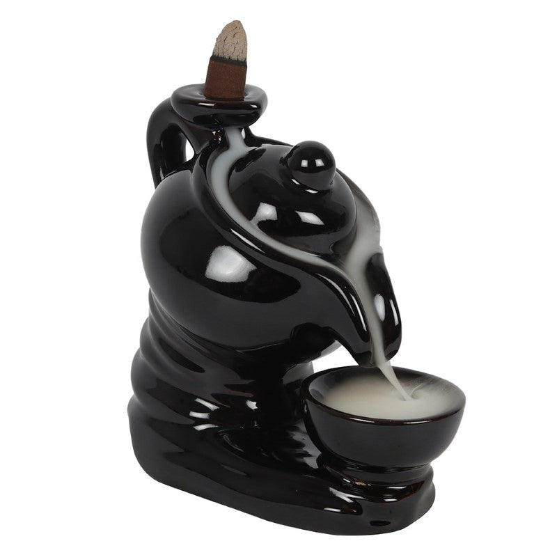 Black ceramic Tea Pot Backflow Incense Burner with an elegant teapot design, creating a soothing smoke waterfall effect.
