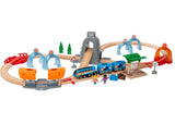 Interactive BRIO train set featuring a Record & Play Engine, colorful lights, sounds, and programmable Action Tunnels for imaginative play.