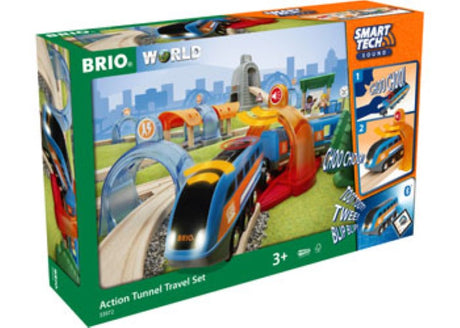 BRIO Smart Tech Sound Action Tunnel Travel Set with interactive engine, customizable sounds, and vibrant Action Tunnels for imaginative play.