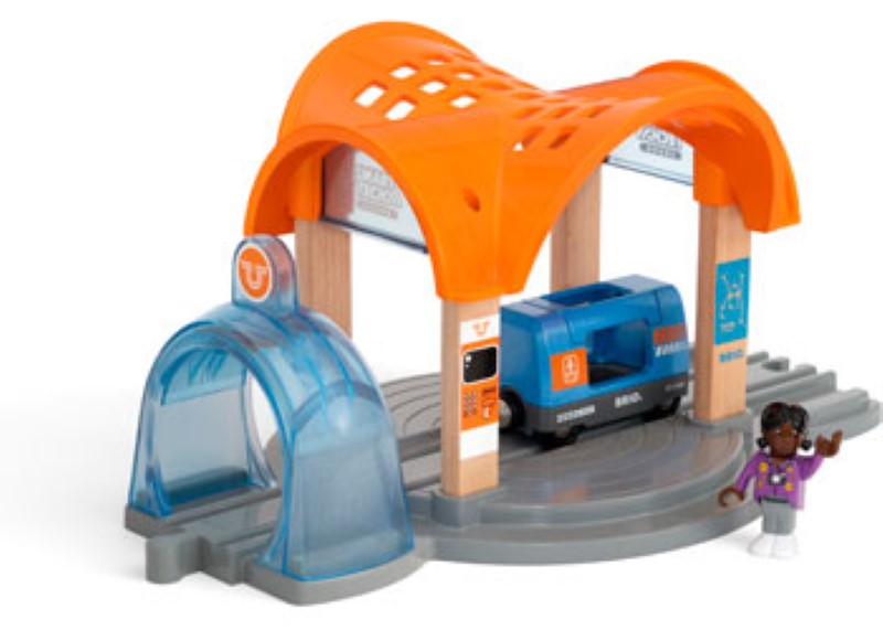 Interactive BRIO Smart Tech Sound Action Tunnel Station with lights and sounds for imaginative train play, suitable for ages 3+.