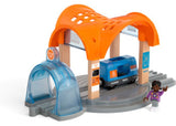 Interactive BRIO Smart Tech Sound Action Tunnel Station with lights and sounds for imaginative train play, suitable for ages 3+.