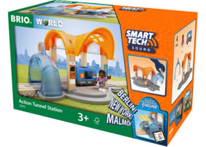 Interactive BRIO Smart Tech Sound Action Tunnel Station with customizable sounds, lights, and advanced features for imaginative train play.