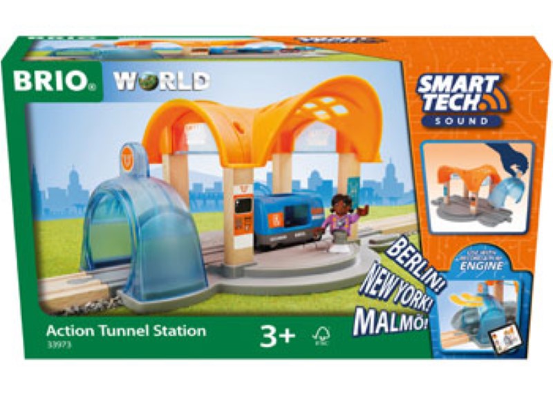 Interactive BRIO Smart Tech Sound Action Tunnel Station with lights and customizable sounds for imaginative play, ages 3+.