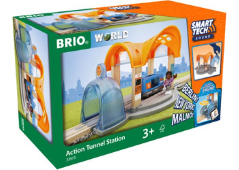 Interactive BRIO Smart Tech Sound Action Tunnel Station with lights and sounds for imaginative train play, compatible with BRIO World.