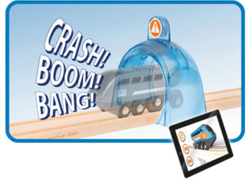 Interactive BRIO Smart Tech Sound Train Service Station for kids, featuring washing and repair stations with customizable sounds.