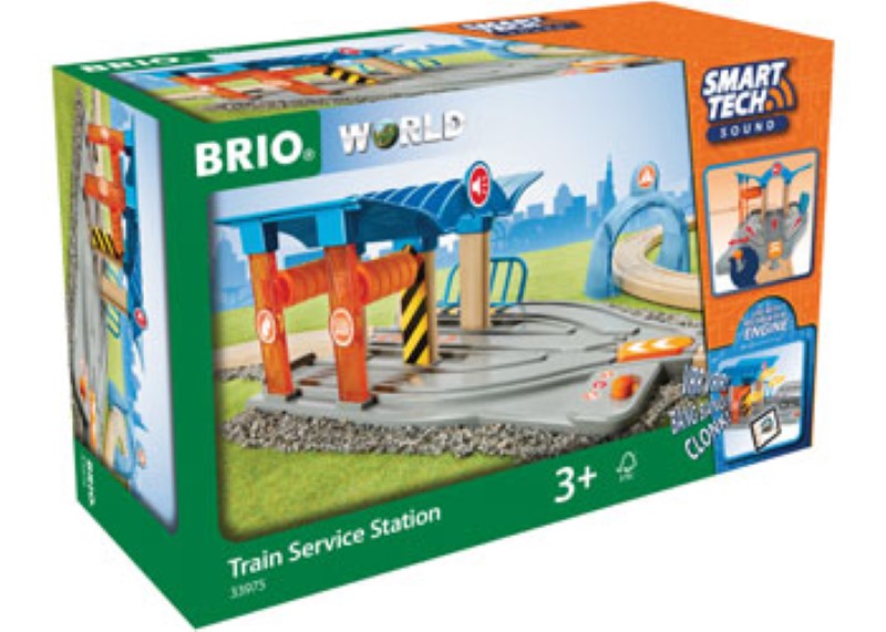 Interactive BRIO Smart Tech Sound Train Service Station with washing and repair features for imaginative play and realistic sound.