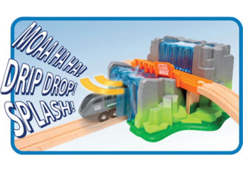 Colorful BRIO Smart Tech Sound Waterfall Tunnel set with jungle sounds, features two interactive train routes and playful effects.