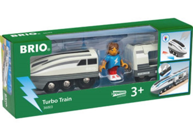 Battery-operated BRIO Turbo Train set with engine, wagon, and figure, featuring lights and turbo speed boost for imaginative play.