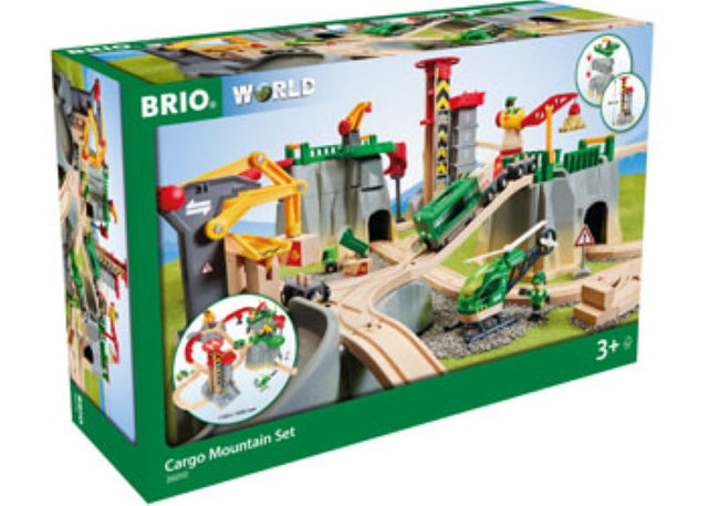 BRIO Cargo Mountain Set featuring 32 customizable pieces, five levels of play with a crane, train, and helicopter pad for adventurous fun.